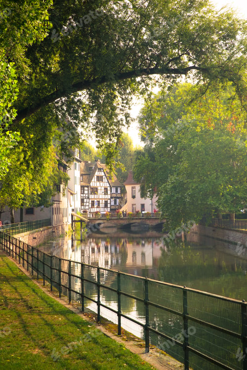Preview: View Of Beautiful Half-Timbered Houses And Canal Seen From Strasbourg France