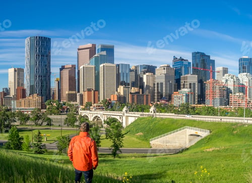 Preview: Calgary Skyline Panorama On A Beautiful Spring Day. Bow River And Centre Street Bridge In The