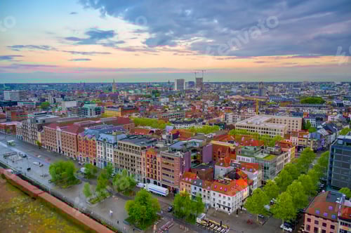 Preview: An Aerial View Of Antwerp, Belgium At Sunset.