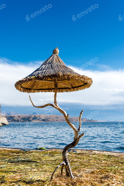 Preview: Small Reed Umbrella On A Floating Island On Lake Titicaca Near Copacabana, Bolivia