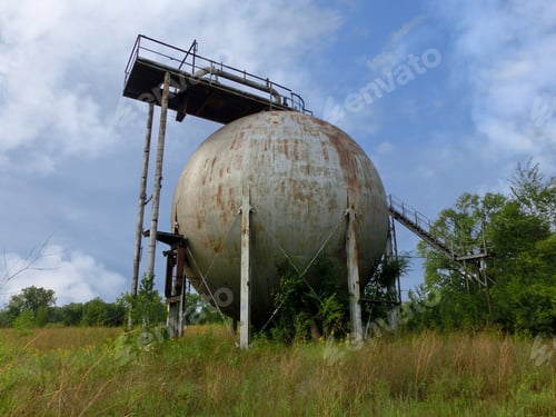 Preview: Industrial Rusty Metal Spherical Tank - Landscape Color Photo