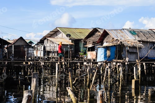 Preview: Village Of Stilt Houses Built Over The Sea. Typical Dwelling On Rio Tuba, Palawan Village. Port