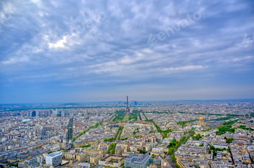 Preview: An Aerial View Of The Eiffel Tower And Paris, France At Dusk.