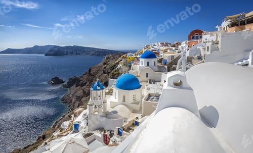Preview: Santorini Blue Dome Churches On The Steep Cliff, Greece. Aegean Sea And Caldera View