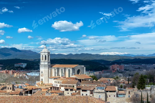 Preview: Cathedral And Cityscape Of Girona, Spain With The Pyrenees Mountains In The Background
