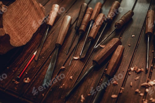 Preview: Woodworking And Crafts Tools. Carpentry Hand Tools On A Workbench. Chisels, Measuring Tools. Wooden