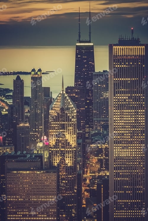 Preview: Chicago Downtown Illuminated Skyscrapers At Dusk, Aerial Helicopter View, United States
