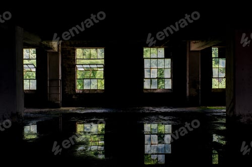 Preview: Windows Reflect In Still Waters Inside An Abandoned Glass Manufacturing Company, Since Demolished.