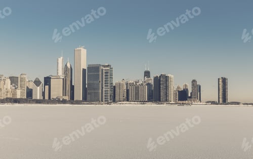 Preview: Chicago Downtown View In Winter Scenery With Snow Covers Lake Michigan