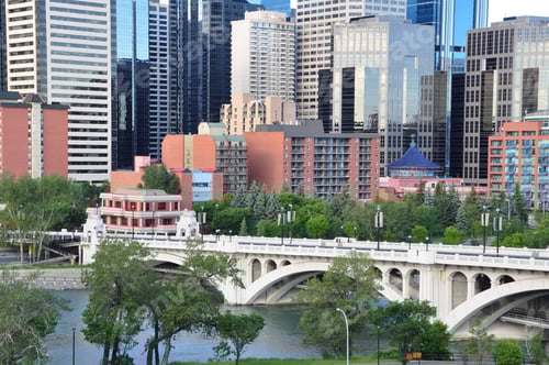 Preview: Skyscrapers Towering Over Calgary Alberta Canada With Bow River And Centre Street Bridge In