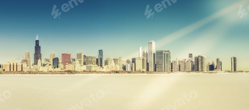 Preview: Chicago Downtown Winter Panorama With Frozen Snow Lake Michigan