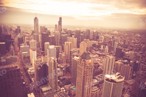 Preview: Chicago Illinois Skyline Cityscape Seen From Above With Vintage Retro Tone