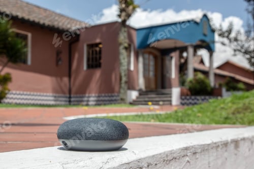 Preview: Close Up Of Voice Controlled Smart Speaker. Smart Home Concept On Vintage Home