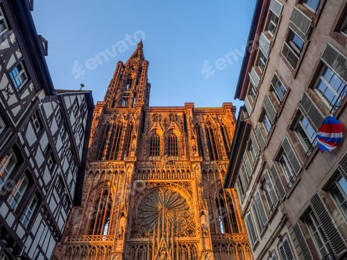 Preview: Cathedrale Notre-Dame Or Cathedral Of Our Lady Of Strasbourg Behind Famous Typical Half-Timbered