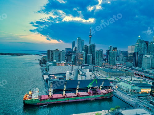 Preview: Beautiful Panorama Of Toronto Skyline At Sunset In Ontario, Canada. Aerial View Photograph