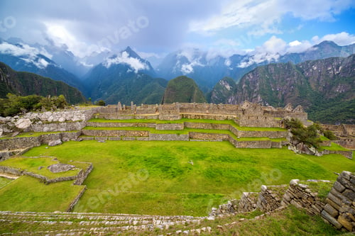 Preview: Wide Angle View Of Machu Picchu, Peru With A Row And Andes Mountains In The Background