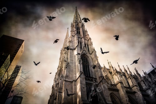 Preview: Pigeons Flying Over St. Patricks Cathedral In New York City With Vintage Grunge Texture Effect.