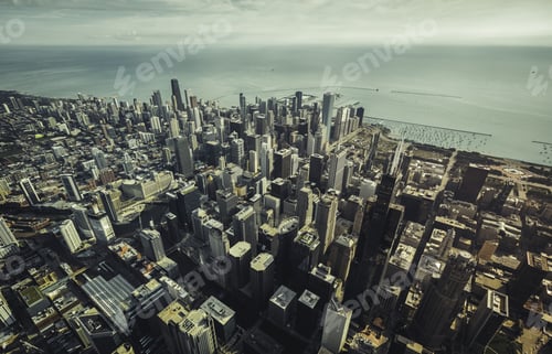 Preview: Chicago Skyline High Angle Aerial View With Downtown Skyscrapers. Vintage Colors