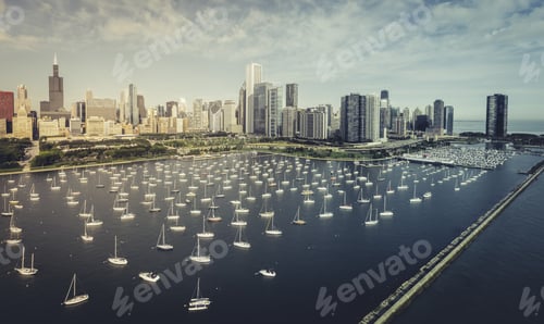Preview: Chicago Skyline Aerial View With Boats, Park And Marina