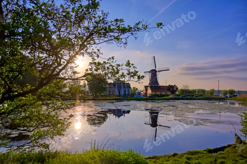 Preview: Historic Windmills Located In Kralingen Lake In Rotterdam, The Netherlands.
