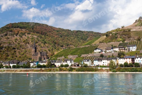 Preview: Beautiful German Landscape With Tiered Vineyard And Village Seen From The Middle Rhine River.