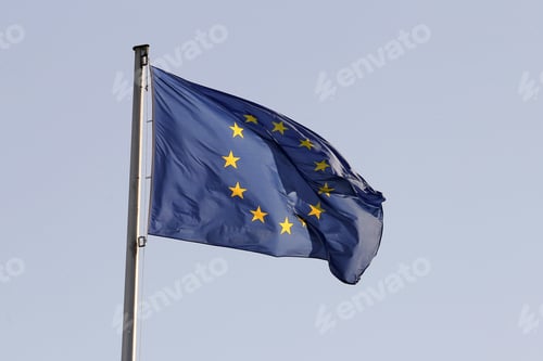 Preview: Union European Flag Waving On A Blue Sky