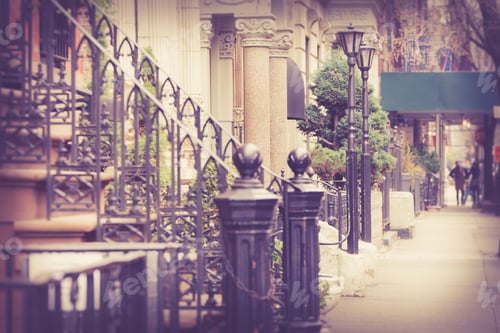 Preview: Vintage Looking New York City Manhattan Street Scene From Sidewalk With Pretty Apartment Building