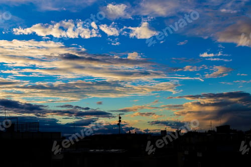 Preview: Evening City In Sunset Sky Background. Concept Of Dusk And Cityscape.