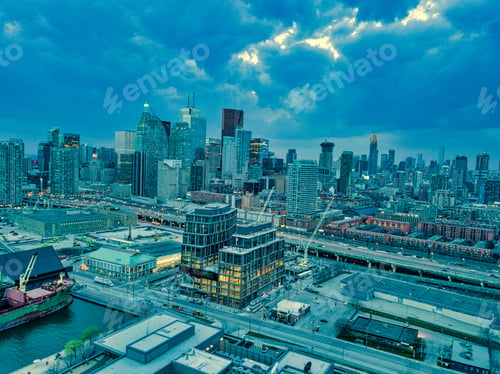 Preview: Beautiful Panorama Of Toronto Skyline At Sunset In Ontario, Canada. Aerial View Photograph
