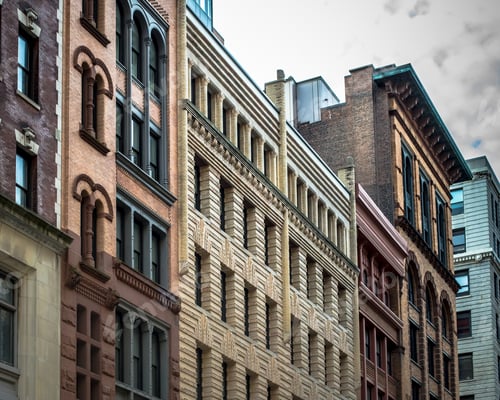 Preview: Row Of Vintage New York City Apartment Buildings In A Variety Of Brick And Brownstone Facades