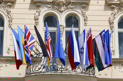 Preview: Flags Of Many Countries On Balcony Of Building