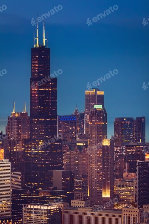 Preview: Chicago Downtown Skyscrapers At Dusk, Aerial Helicopter View, United States