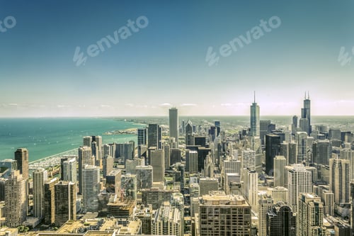 Preview: Downtown Of Chicago Aerial View Against Blue Sky