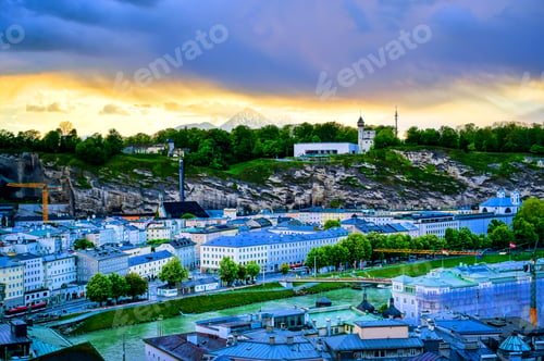 Preview: An Aerial View Of Salzburg, Austria Along The Salzach River During A Storm.