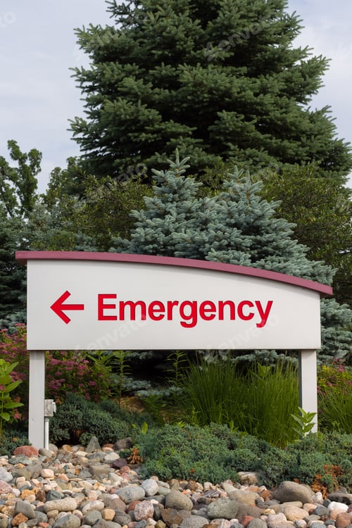 Preview: Red Emergency Sign And Arrow Pointing Left On Sign With White Background.