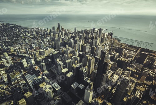 Preview: Chicago Skyline High Angle Aerial View With Downtown Skyscrapers. Vintage Colors
