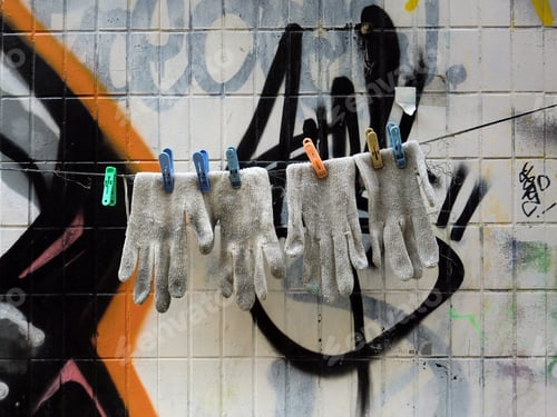 Preview: Dirty Industrial Work Gloves Hanging On Clothesline To Dry