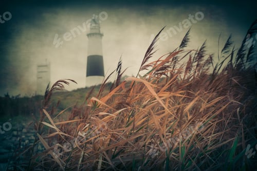 Preview: Coastal Tall Grass And Lighthouse In The Background With Vintage Textured Effect