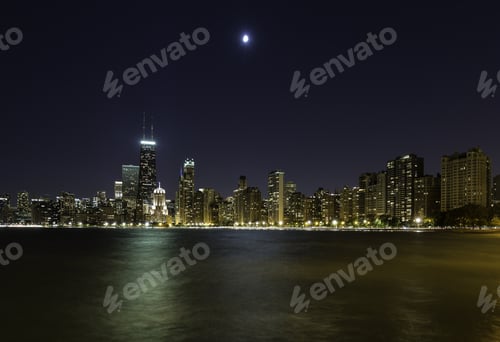 Preview: Moon Over Chicago Downtown At Night