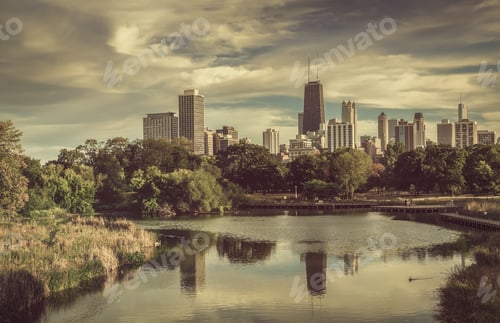 Preview: City Park Against Chicago Downtown Skyline, Vintage Colors