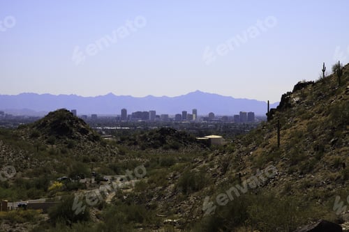 Preview: Color Dslr Image Of City Of Phoenix, Arizona, In A Desert Valley Between Mountains; In Horizontal