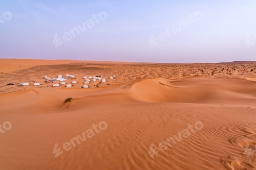 Preview: Early Morning View Of Sand Dunes And A Campground In The Sahara Desert In Tunisia