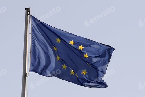 Preview: Union European Flag Waving On A Blue Sky