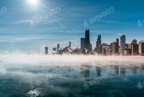 Preview: Chicago Downtown Skyline During Winter Polar Vortex .Fog Drifts Across Lake Michigan