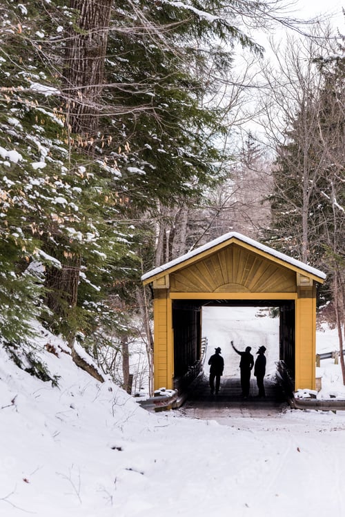 Preview: A Snowy View Of The Windsor Mills Covered Bridge In Eastern Ohio. Several Amish Inspect The