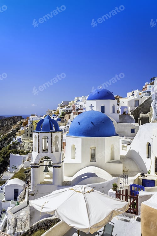 Preview: Santorini Blue Dome Churches With Blue Sky As Copy Space, Greece