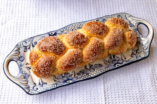 Preview: Sweet Twist Bread, Typical Of Brazilian Bakery, On Dish Decorated In Blue On White Tablecloth