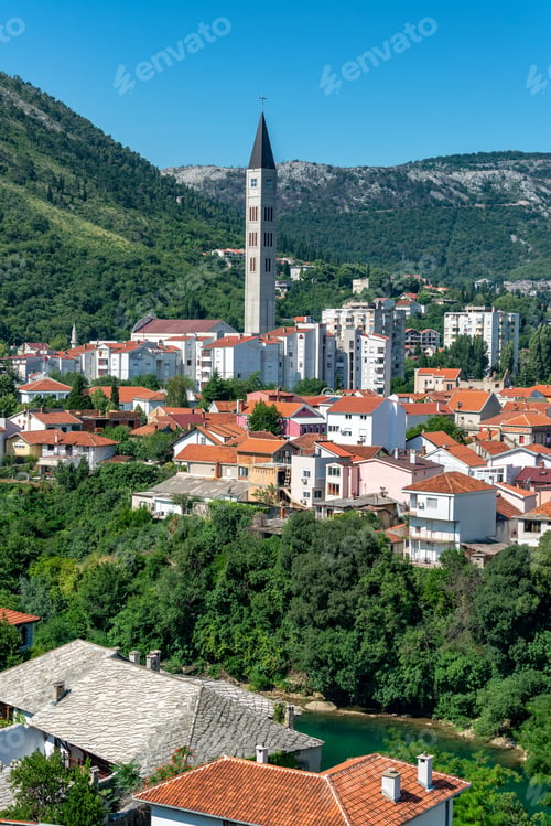 Preview: Franciscan Church Tower Rising Above Mostar, Bosnia