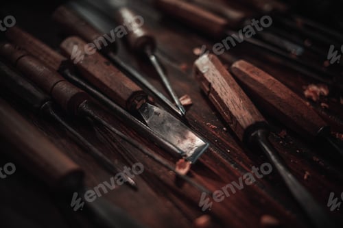 Preview: Woodworking And Crafts Tools. Carpentry Hand Tools On A Workbench. Chisels, Measuring Tools. Wooden