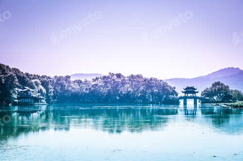 Preview: Traditional Chinese Pavilion Within A Park With Trees, Lotus Plants, Hangzhou West Lake, China